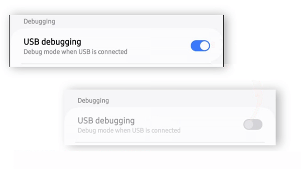 USBデバッグがグレー表示されています