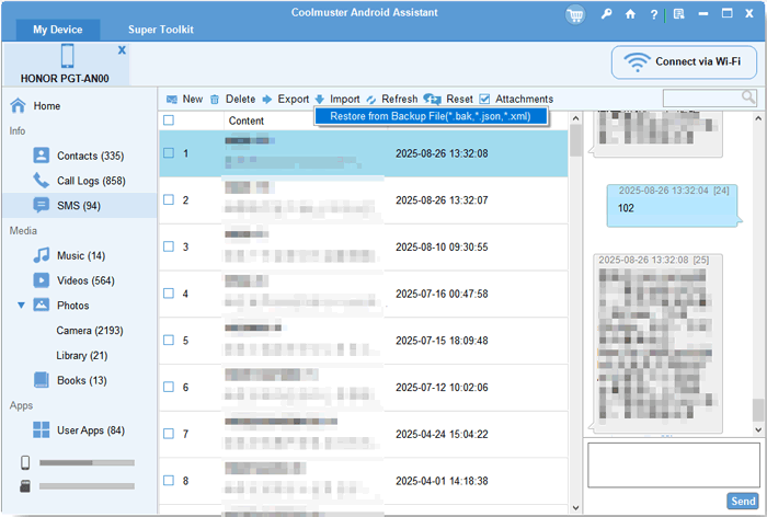 Export text messages from computer to Android