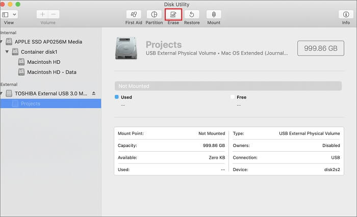 réinitialiser le disque dur externe Toshiba sur Mac via l'utilitaire de disque
