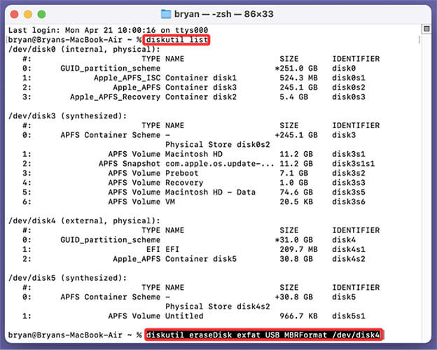 effacer une clé USB à l'aide du terminal