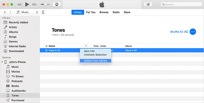 iTunes kullanılarak iPhone'dan satın alınan zil sesleri nasıl silinir