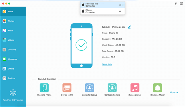 the main interface of fonepaw ios transfer