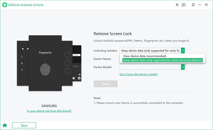 Samsungの携帯電話をUltfoneのAndroidロック解除にリンクする