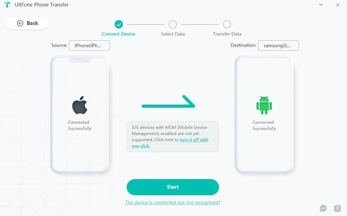 click start on ultfone phone transfer