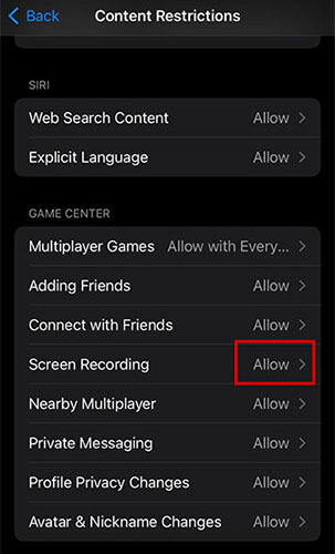 periksa batasan untuk memperbaiki perekaman layar iPhone yang tidak berfungsi
