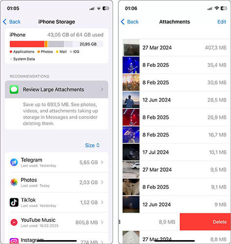 Apague anexos grandes de mensagens para limpar arquivos inúteis no iPhone.