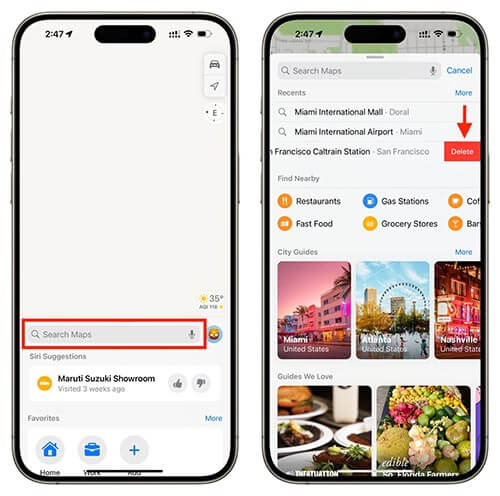 как удалить последние поисковые запросы на iPhone в картах