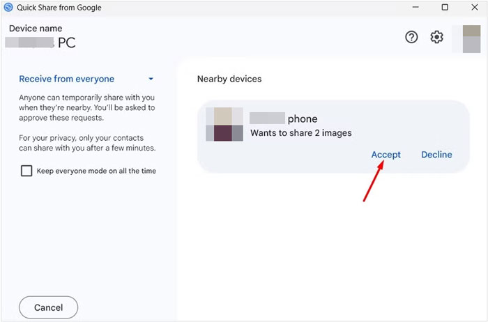 使用快速分享在電腦上接收三星文件