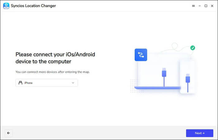 Conecte o telefone ao trocador de localização Syncios.