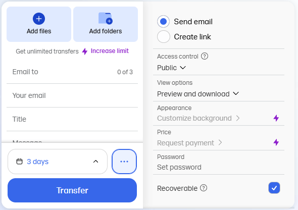impostazioni di wetransfer