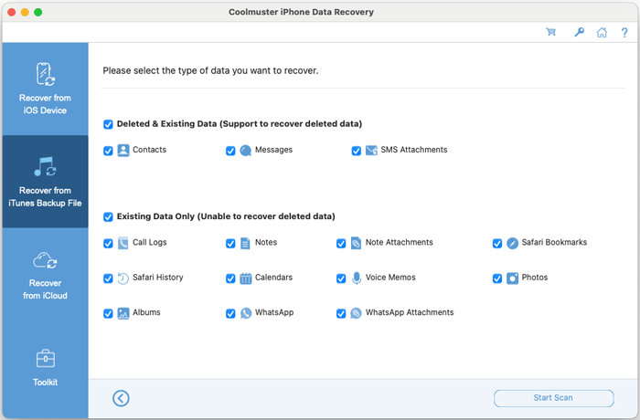 choose data types from itunes backup on mac