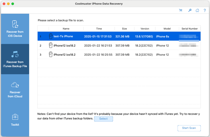 select itunes backup file on mac