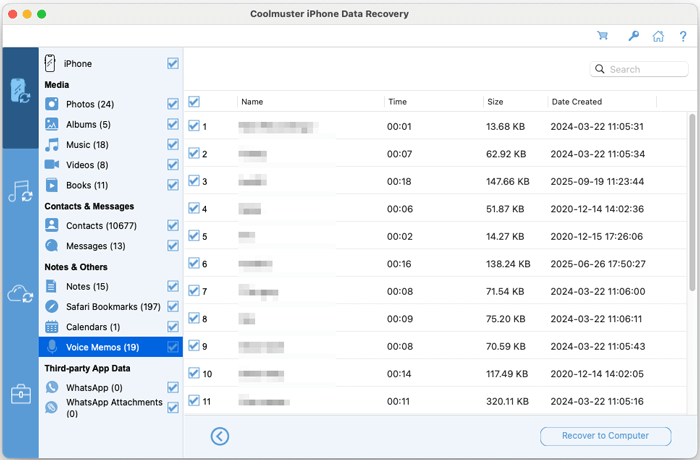 preview voice memos for recovery