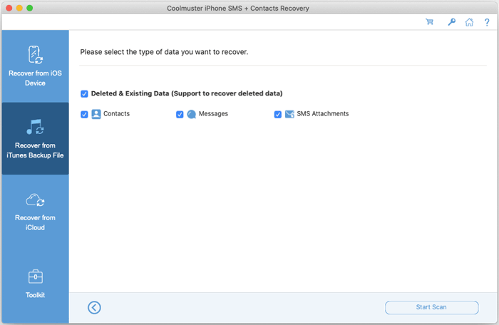 select data type from itunes backup to scan select data types after choosing a backup file