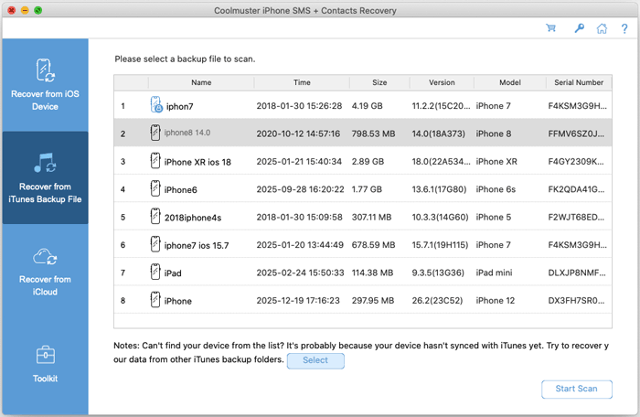 select itunes backup to recover select a backup file from mac