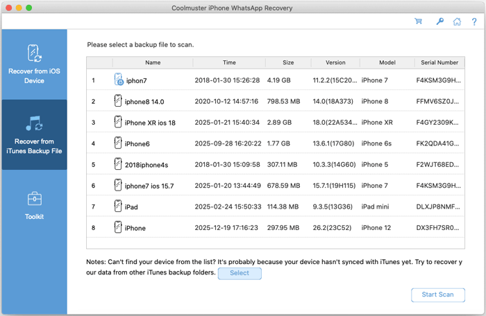 select itunes or finder backup to recover