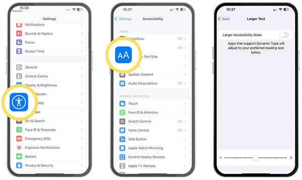 Use a acessibilidade para alterar a fonte.