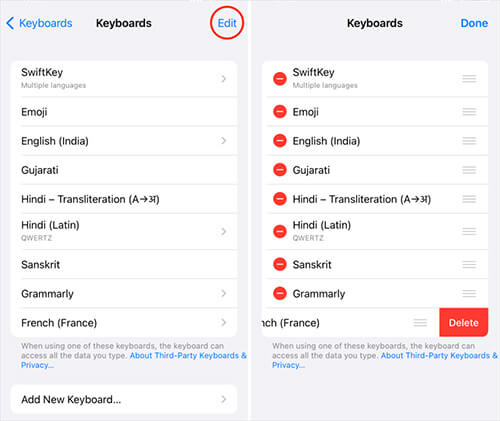 remove third-party keyboards to fix iphone keyboard not working