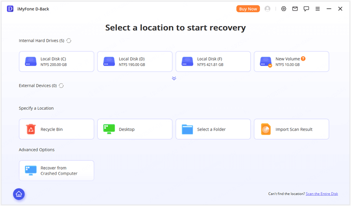 Windows用のimyfone d-backからデータを回復する場所を選択します