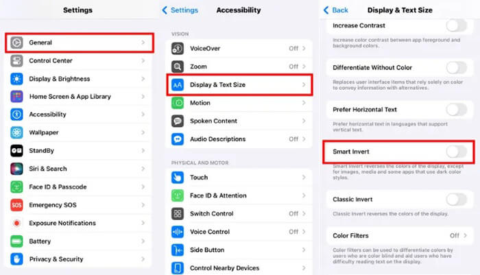 Desative a inversão inteligente para corrigir o problema de tela preta e branca do iPhone.
