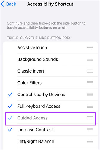 Comprueba el acceso directo de accesibilidad para solucionar el problema de acceso guiado que no funciona después de hacer triple clic.