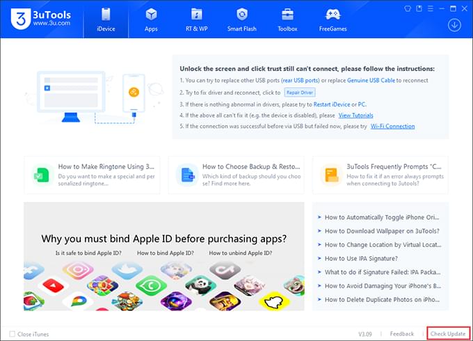Solucionar el error de 3utools al modificar la ubicación: actualizar 3utools