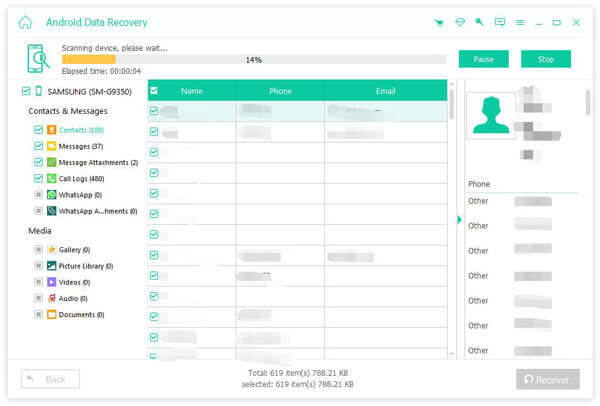 select data to recovery from apeaksoft android data recovery