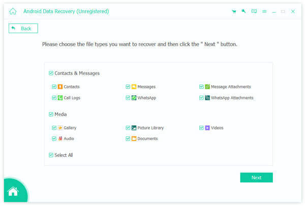choose data type from apeaksoft android data recovery