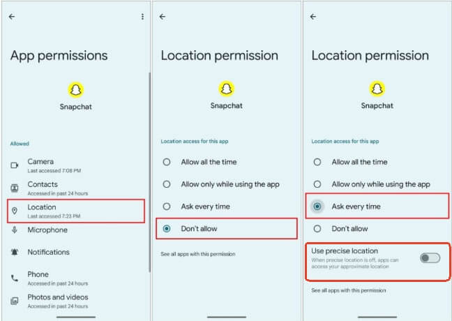 안드로이드에서 스냅챗 위치 권한을 부여하세요