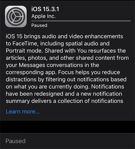 iOS 업데이트 일시 중지됨
