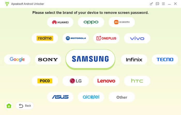 elige la marca del dispositivo en el desbloqueador de Android de Apeaksoft