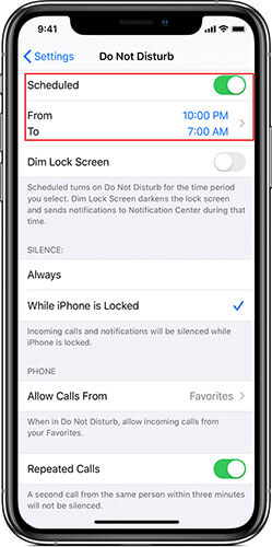 Menonaktifkan mode Jangan Ganggu terjadwal untuk memperbaiki tombol Jangan Ganggu iPhone yang tidak berfungsi.