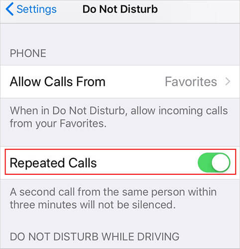 Matikan panggilan berulang untuk memperbaiki masalah mode Jangan Ganggu di iPhone Apple yang tidak berfungsi.