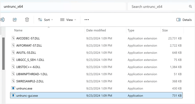 Exécutez le fichier exe untrunc