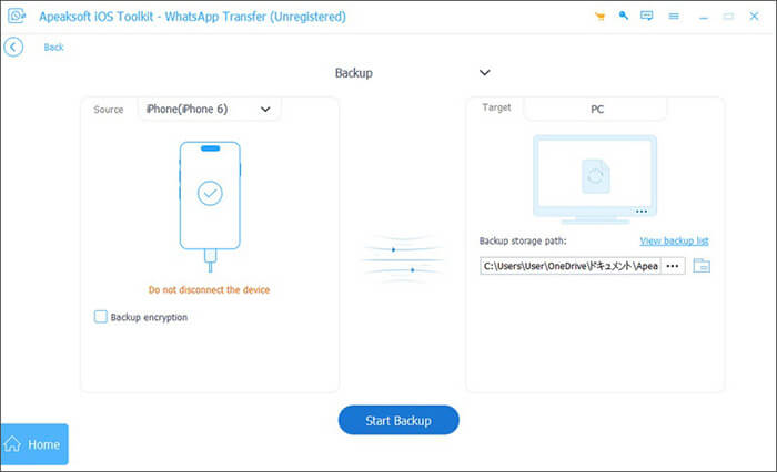 Apeaksoft WhatsApp Transfer menghubungkan iPhone untuk mencadangkan data.