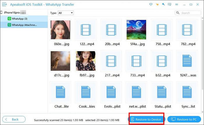 Apeaksoft WhatsApp Transfer Restore to Device