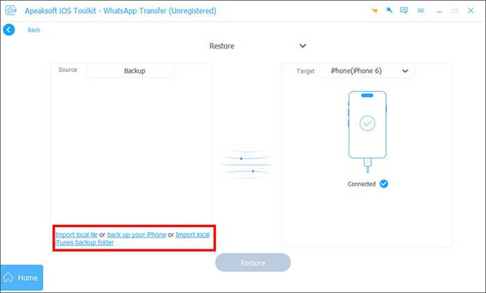 Apeaksoft WhatsApp Transfer, pilih file cadangan untuk dipulihkan.