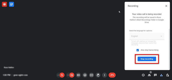 在 Google Meet 中点击录制和停止录制