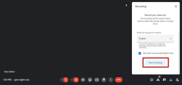 在 Google Meet 中点击“开始录制”按钮