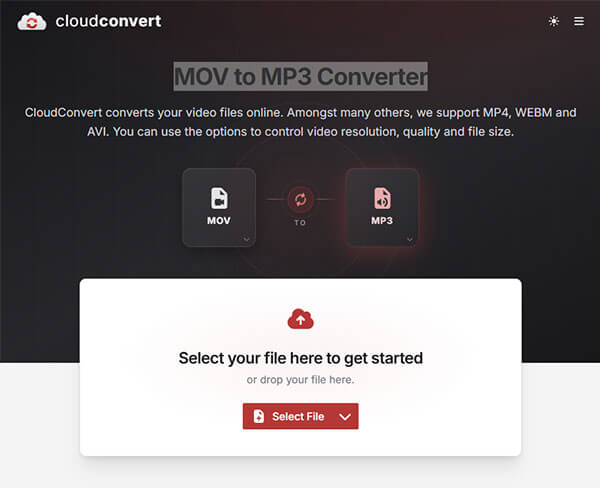 Convierte MOV a MP3 en línea a través de CloudConvert.