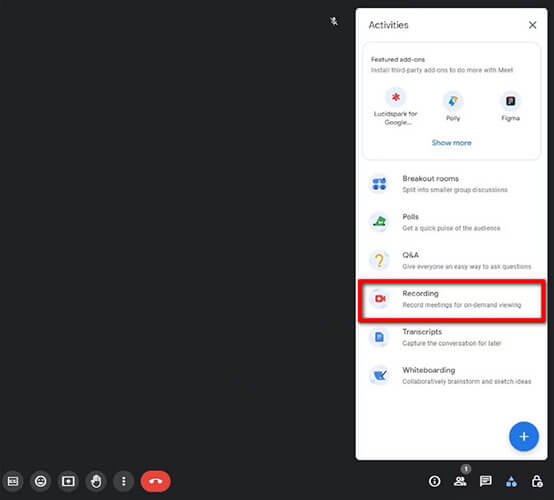 在 Google Meet 中选择录制选项