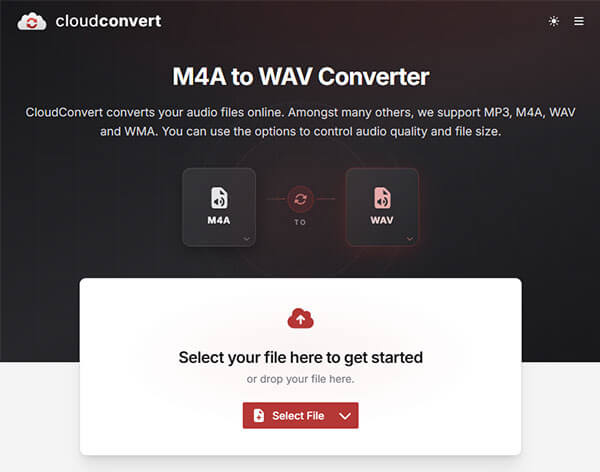 Convertire online da m4a a wav tramite CloudConvert.