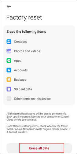 Restablecer de fábrica el teléfono Redmi a través de la configuración