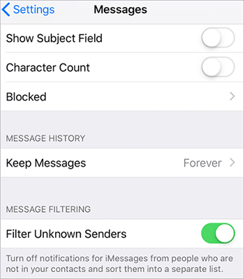 disable message filtering to fix not receiving verification codes on iphone
