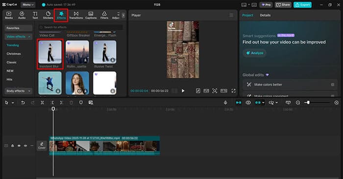 Eliminar la marca de agua de TikTok en Capcut mediante el efecto de desenfoque.