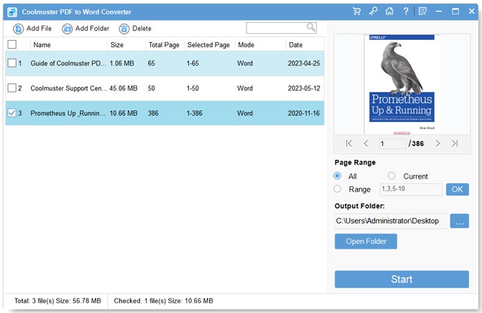 set the output page range and destination