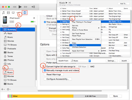 how to delete music from ipod via itunes
