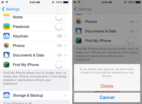 how to delete icloud account without password via settings