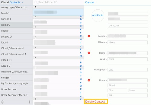 manage contacts in icloud
