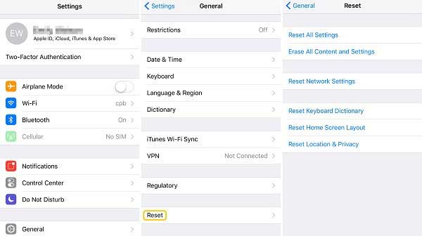 reset settings on iphone